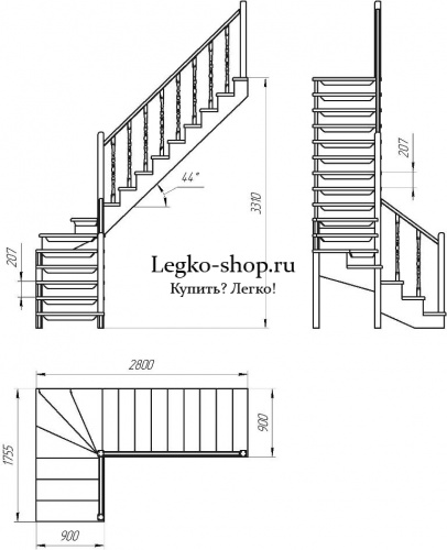 Г-образная деревянная лестница ЛПД-09-4 ( Высота 3310, проём 2800х900) фото 2