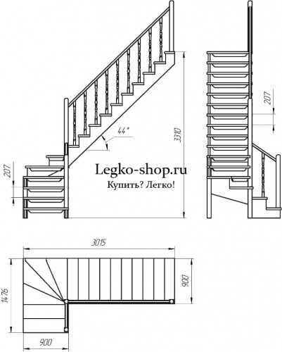 Г-образная деревянная лестница ЛПД-09-5 ( Высота 3310, проём 3015х900) фото 2