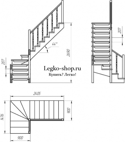 Г-образная деревянная лестница ЛПД-09-1 ( Высота 2690, проём 2405х900) фото 2