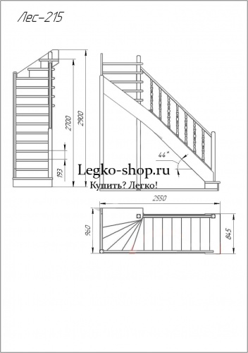Г-образная деревянная лестница ЛПД-215 (универсальная, поворот 90, полный комплект) фото 2