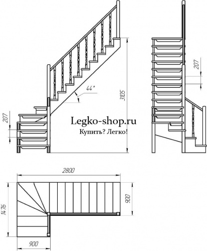 Г-образная деревянная лестница ЛПД-09-3 ( Высота 3105, проём 2800х900) фото 2