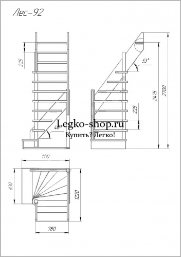 Г-образная деревянная лестница ЛПД-92 (универсальная, поворот 90, полный комплект) фото 2
