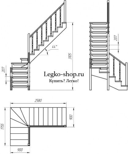 Г-образная деревянная лестница ЛПД-09-2 ( Высота 3105, проём 2580х900) фото 2